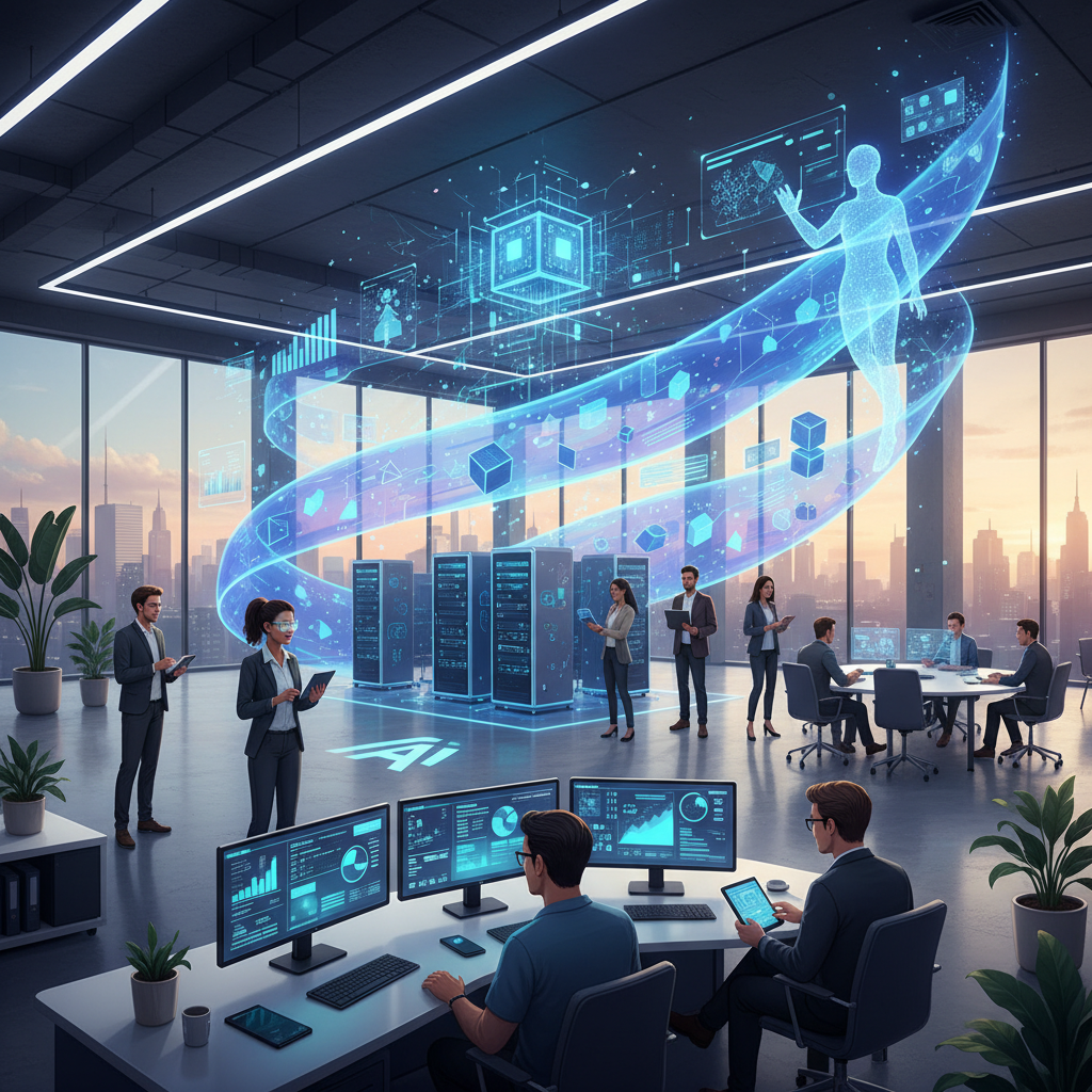 Hero illustration: modern office with AI transformation