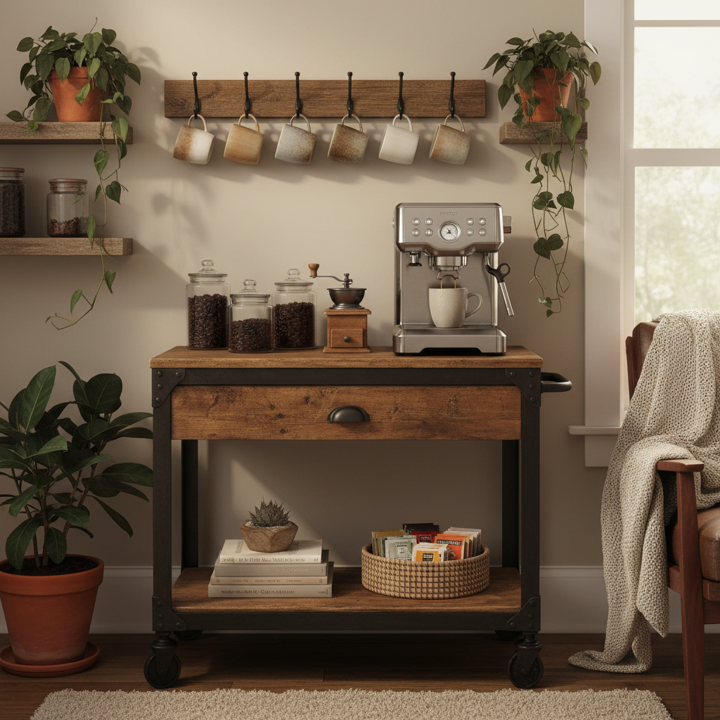 Pequeño rincón de café en casa con carrito de madera y metal, cafetera moderna, tazas y plantas.