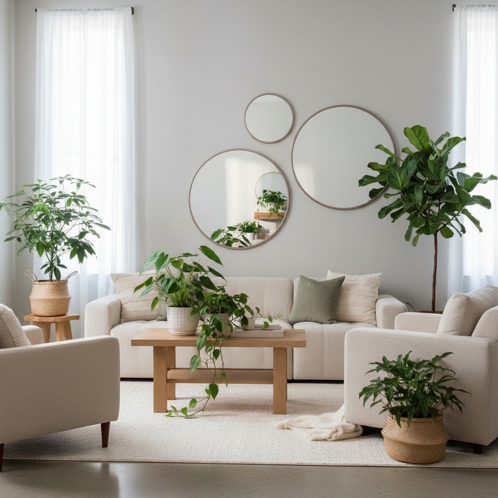 Living acogedor con espejos, plantas y muebles claros