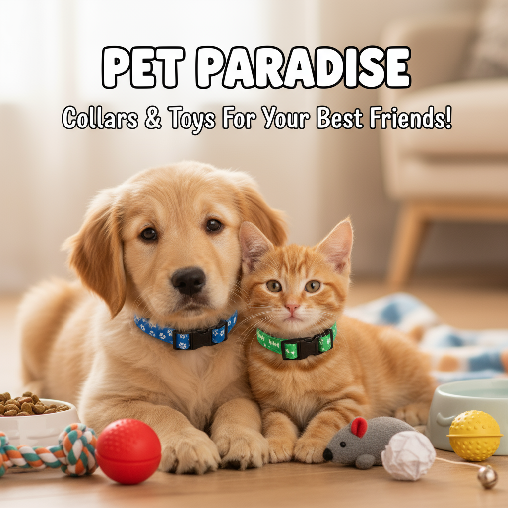 Cute retriever dog and cat with pet accessories