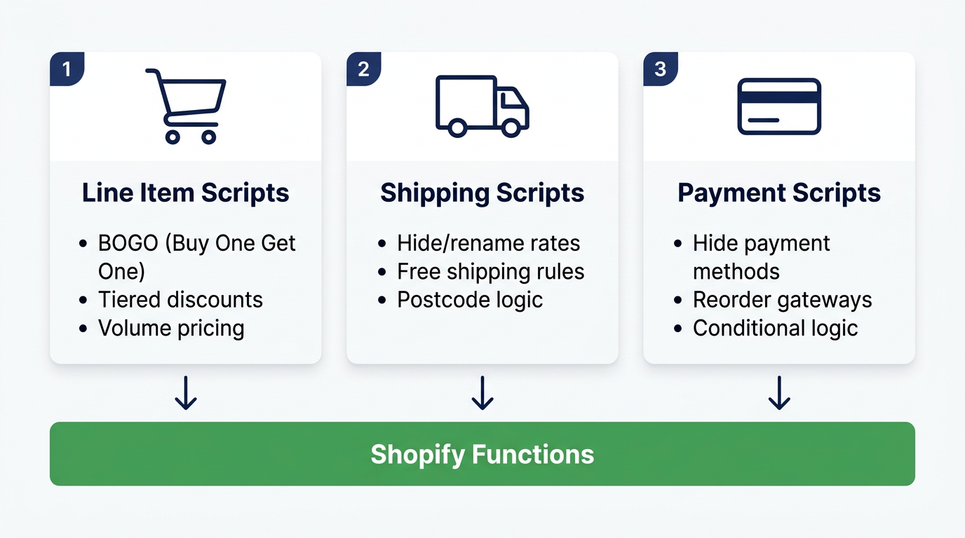 The three types of checkout scripts: Line Item, Shipping, and Payment Scripts