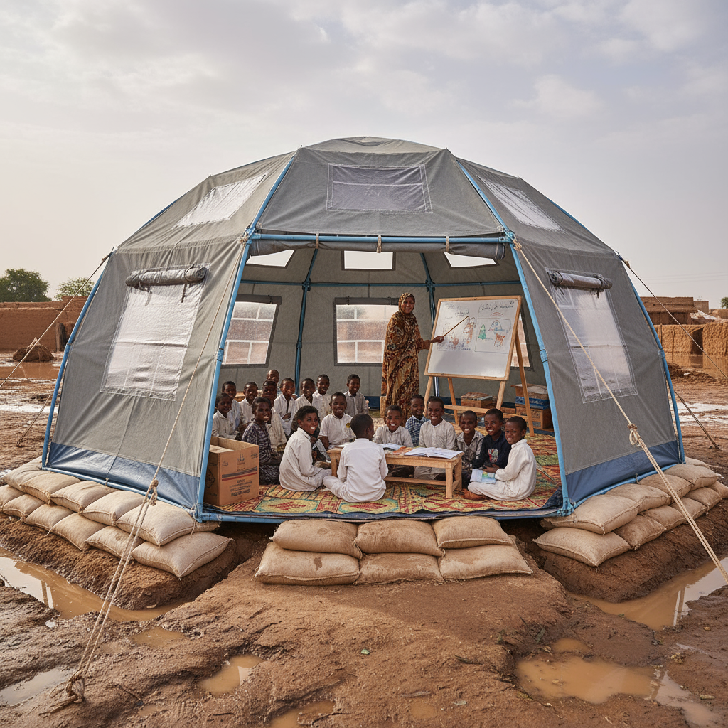 Floodresistant temporary classroom providing safe learning space for Sudanese children