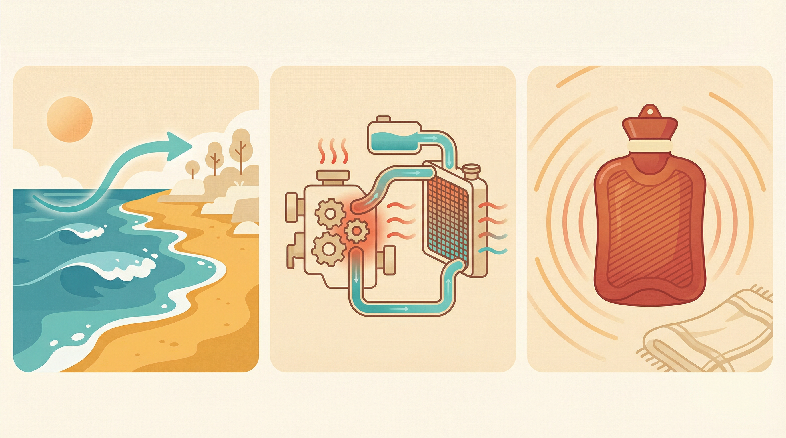 Three real-world applications of specific heat capacity: coastal climate moderation, car radiator cooling, and hot water bag heat retention
