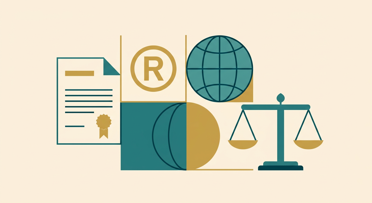 IP law services illustration featuring patent documents, trademark symbols, and global jurisdiction coverage