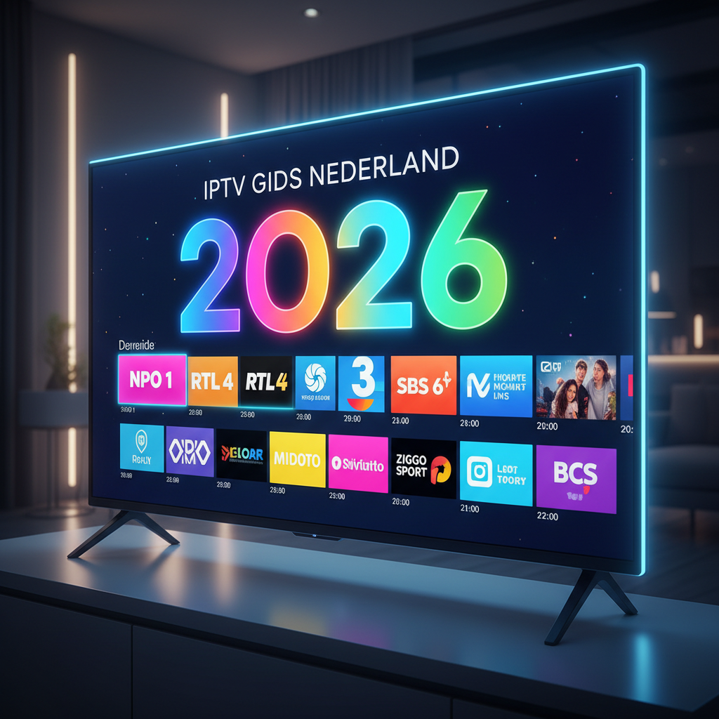 Uitgelichte afbeelding IPTV Gids Nederland 2026, moderne smart TV met kleurrijke interface en grote cijfers 2026 op het scherm