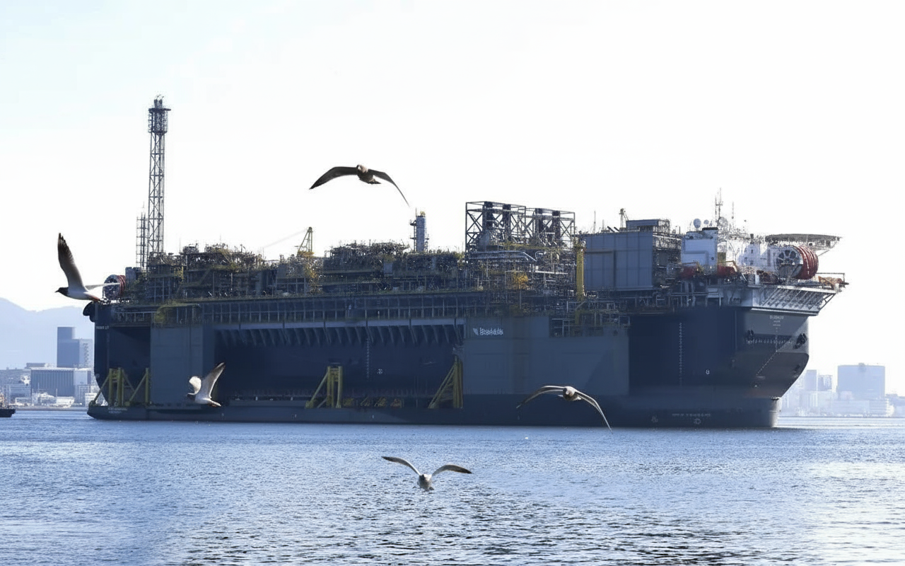 Navio plataforma offshore ultra realista, quatro aves, sem logomarcas, formato 1280x720