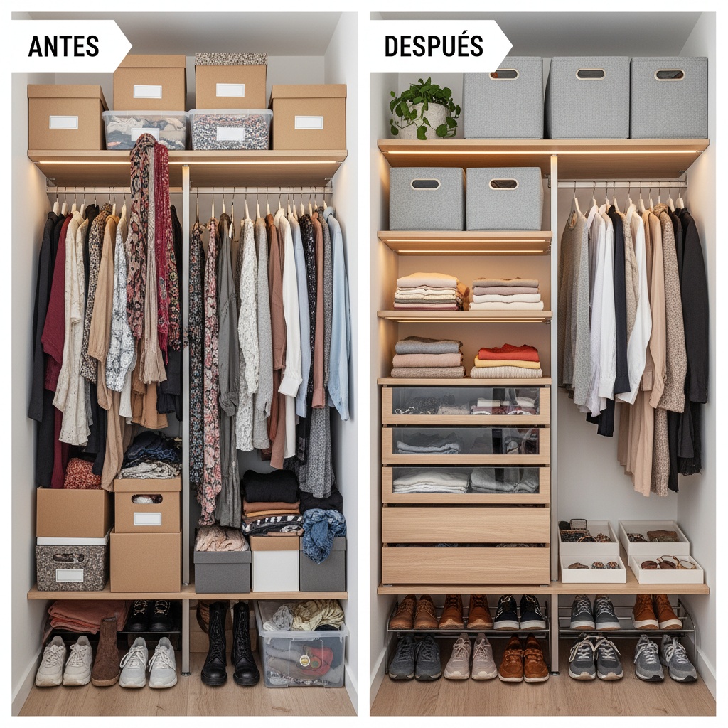 Clóset pequeño antes y después organizado y funcional