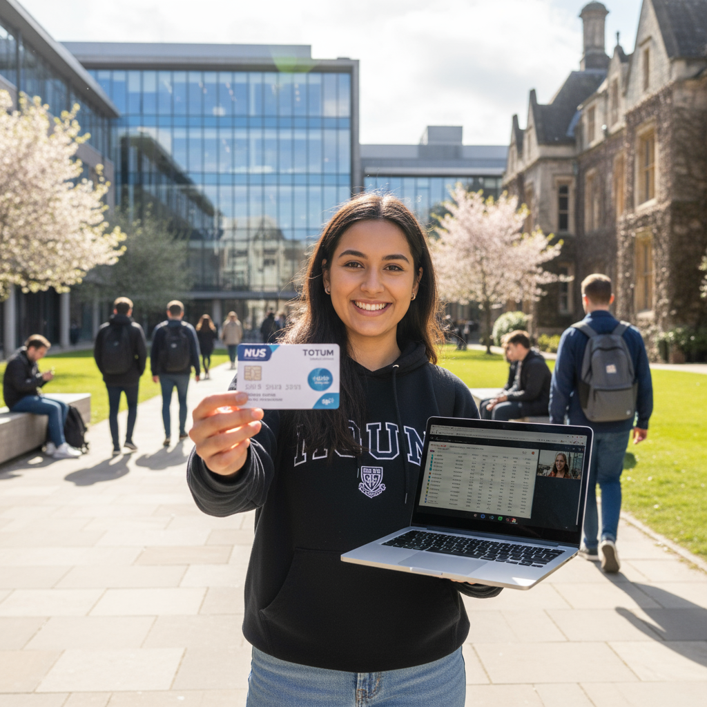 UK university student with NUS TOTUM card and laptop