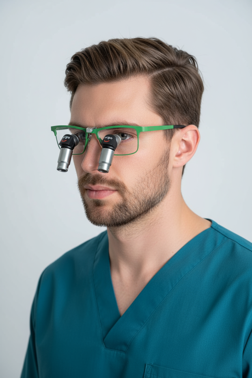 Dental professional demonstrating ergonomic posture with Admetec loupes