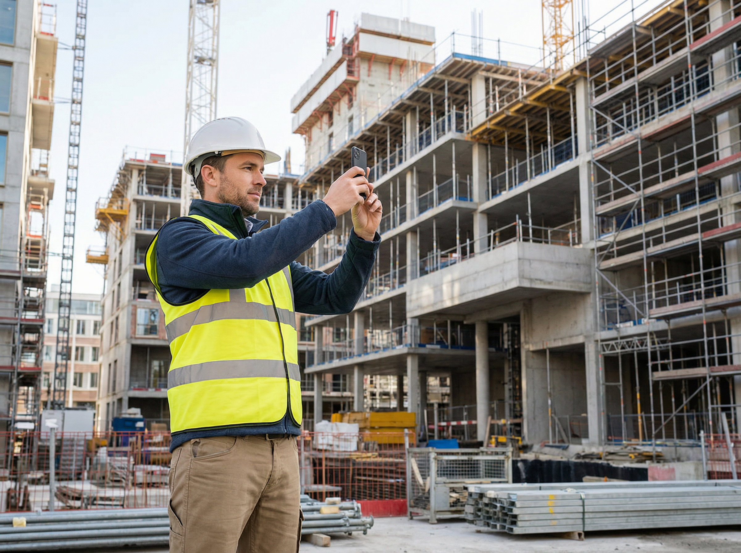 Professional contractor on a job site taking verification photos