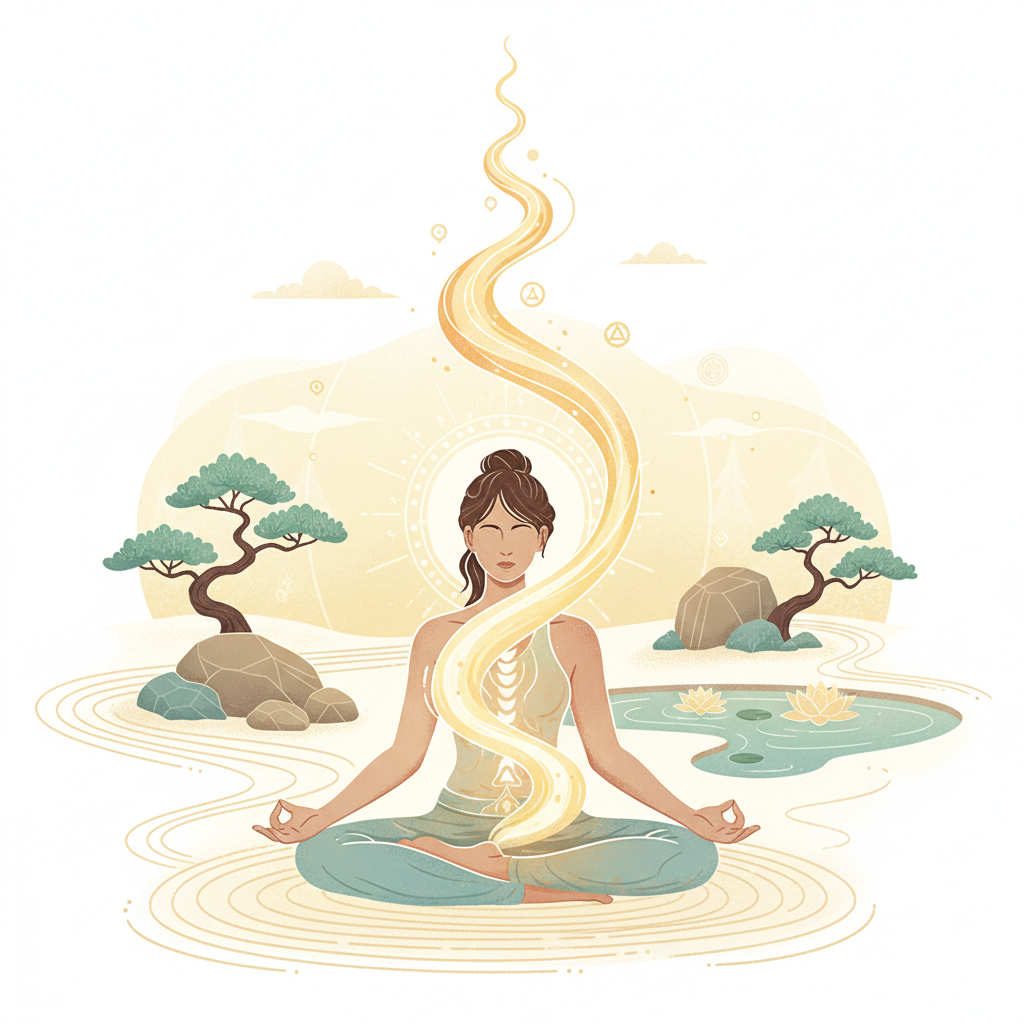 Illustration stylisée Kundalini yoga, méditation et énergie lumineuse.