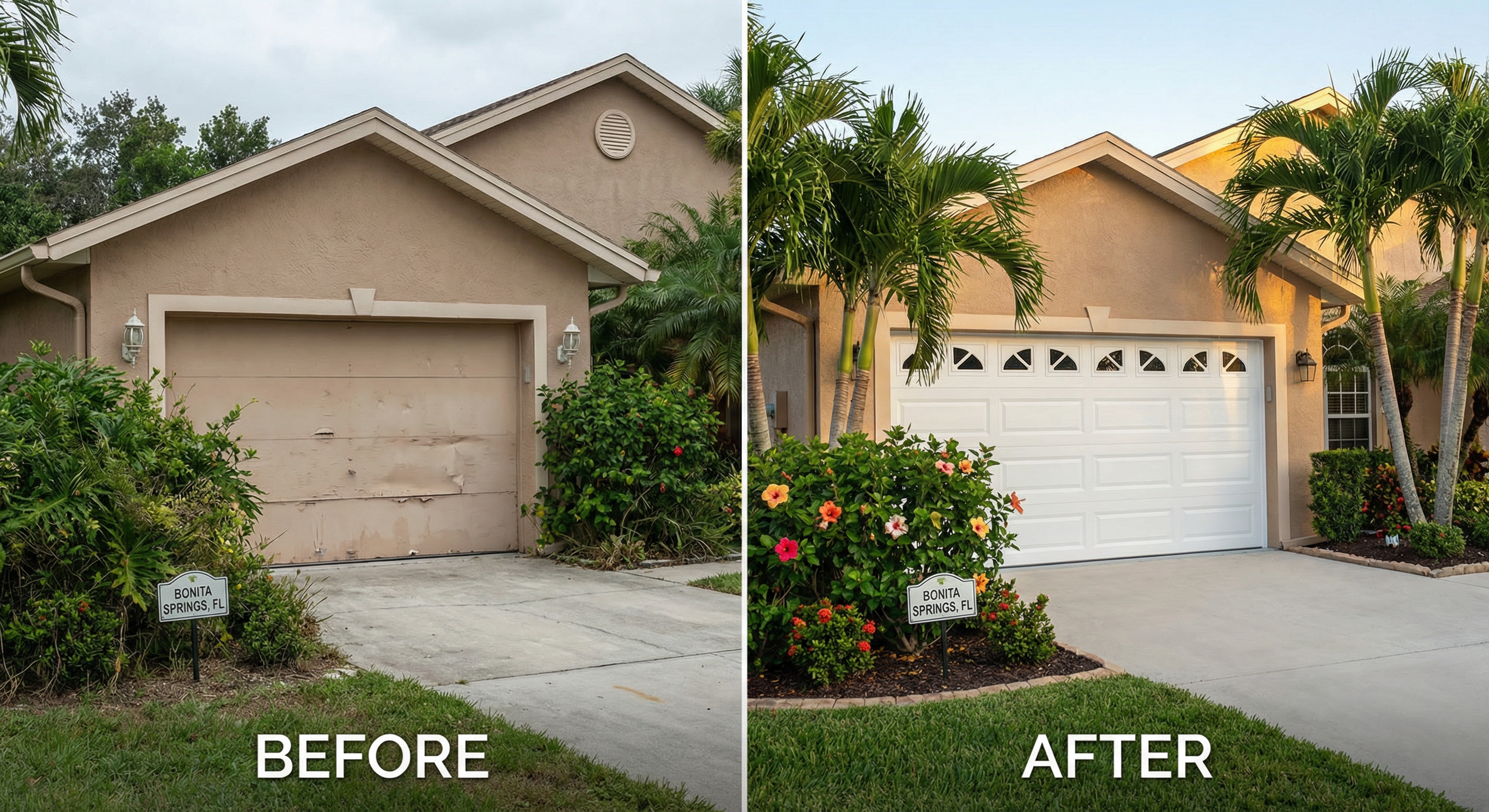 Before and after garage door replacement in Bonita Springs FL
