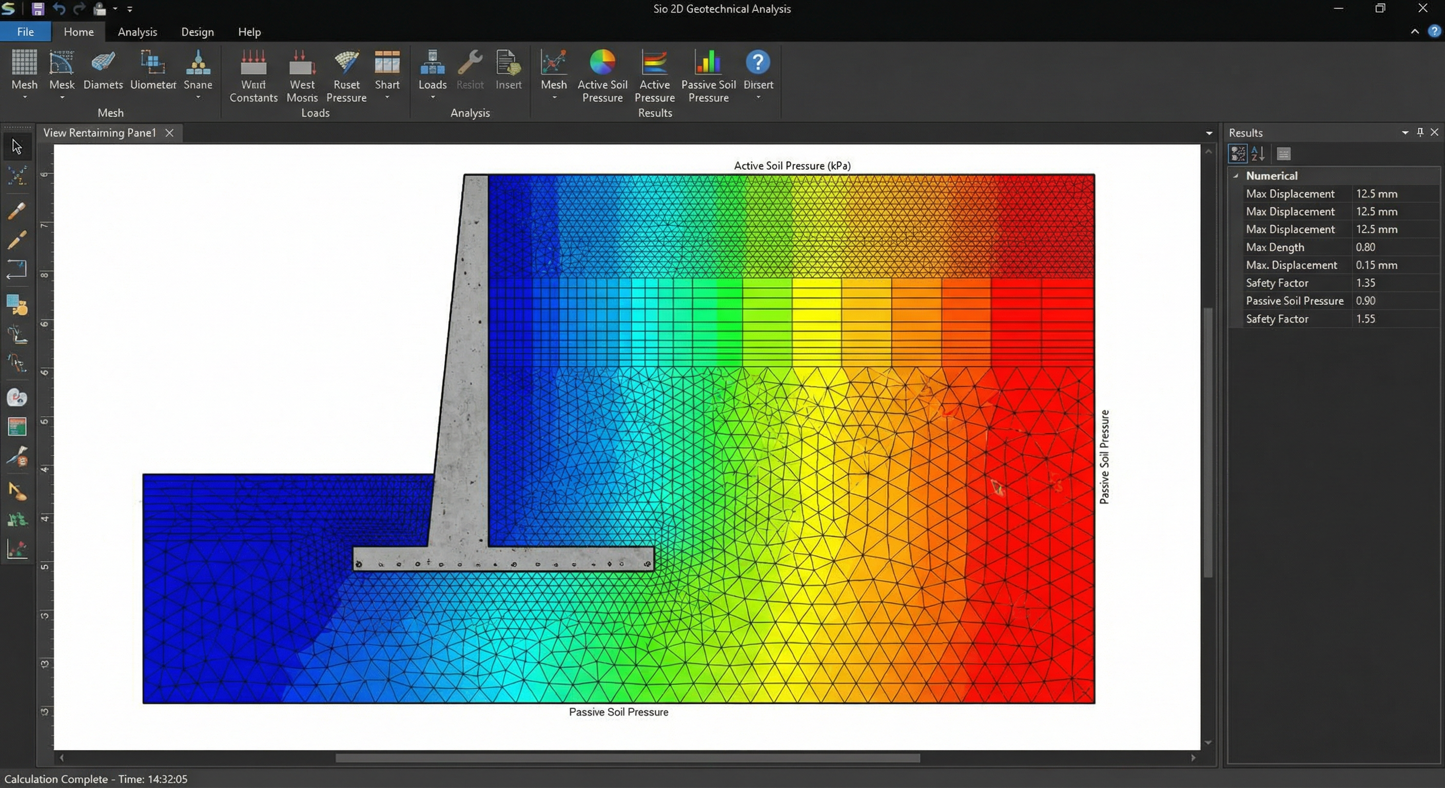 Интерфейс программы Sio 2D — расчёт подпорной стены
