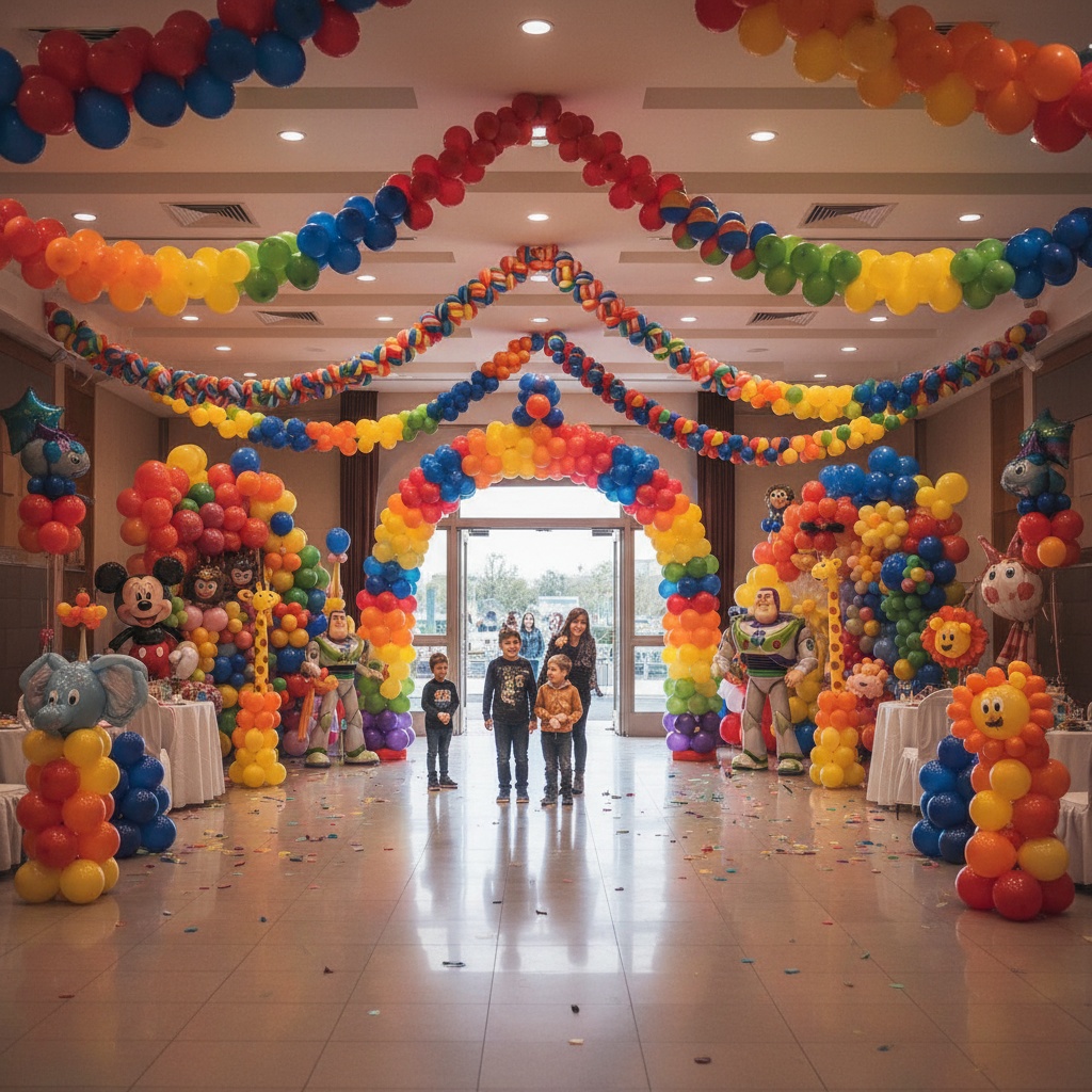 Event hall decorated with balloon arches, garlands, bouquets, and balloon figures