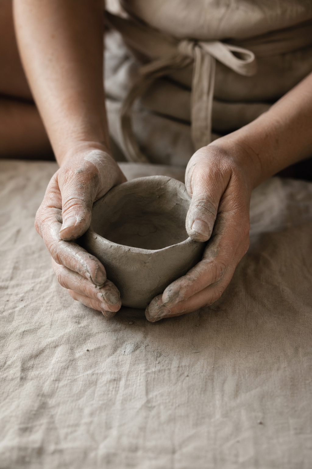 Hands shaping raw clay in a quiet studio