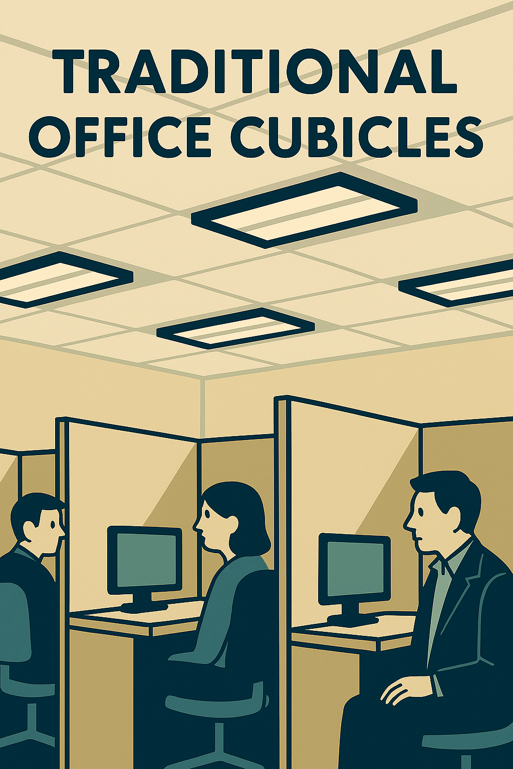 Traditional corporate office environment with restricted workspace layout