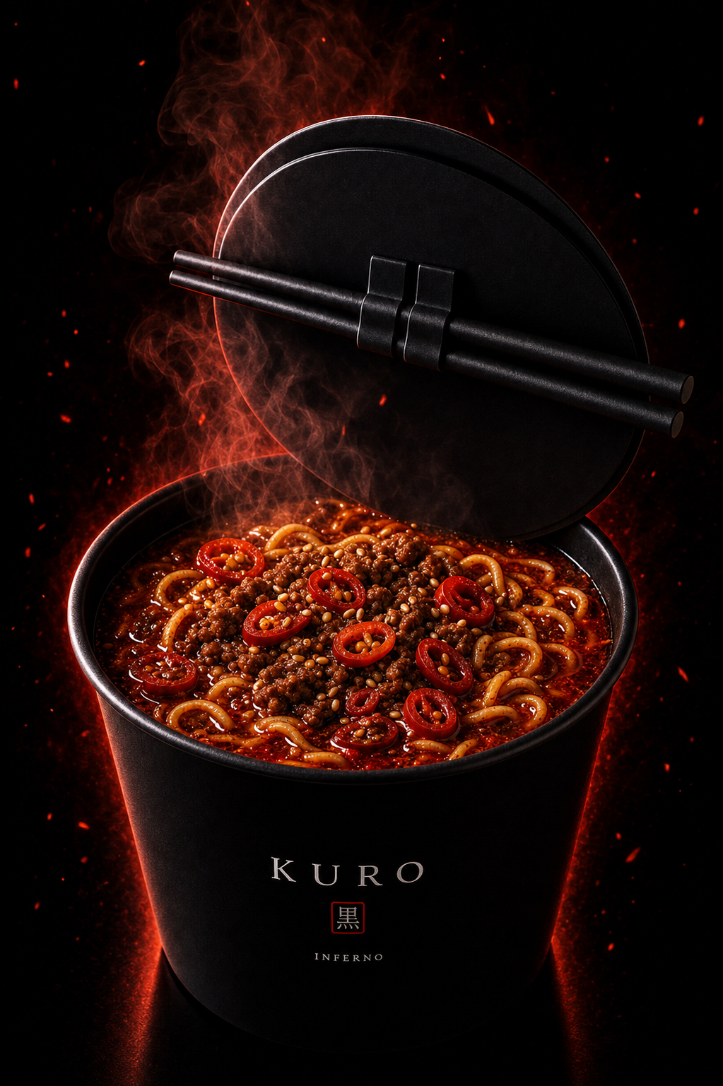Kuro Inferno spicy tantan black cup open with matte black chopsticks