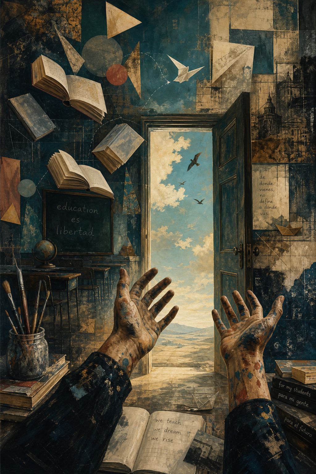 Surrealist illustration: floating books, classroom doorway opening into open sky, paint-stained hands