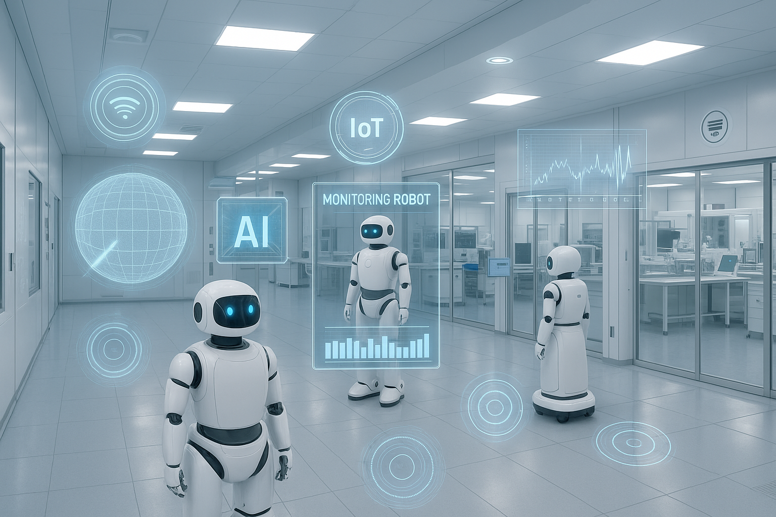 Przyszłościowe pomieszczenie czyste z technologiami AI, robotyką i automatyzacją