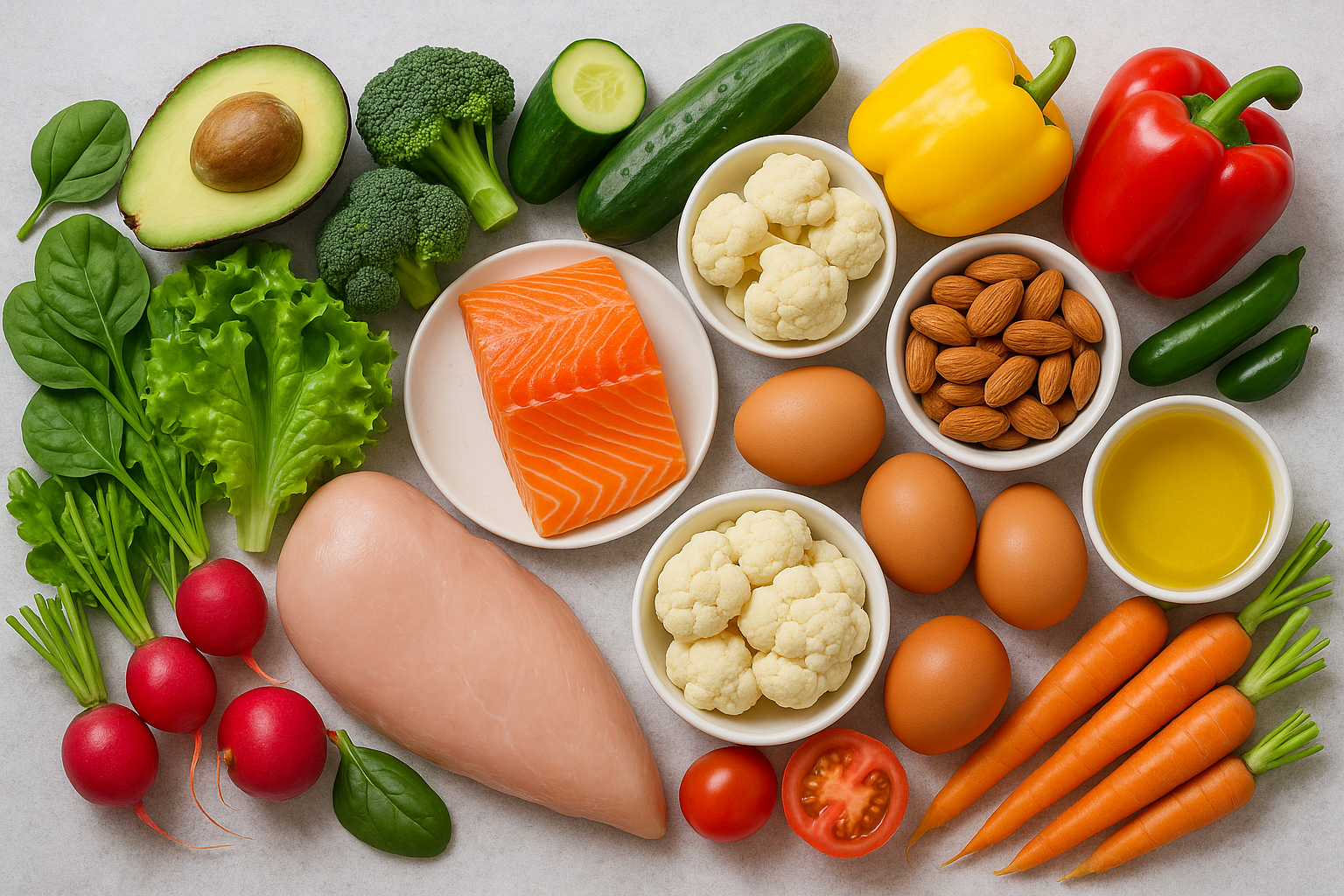 Ingredientes coloridos low carb: vegetais frescos e proteínas saudáveis