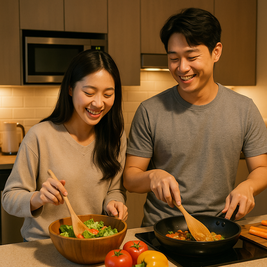 현대적 주방에서 함께 요리하는 한국인 커플