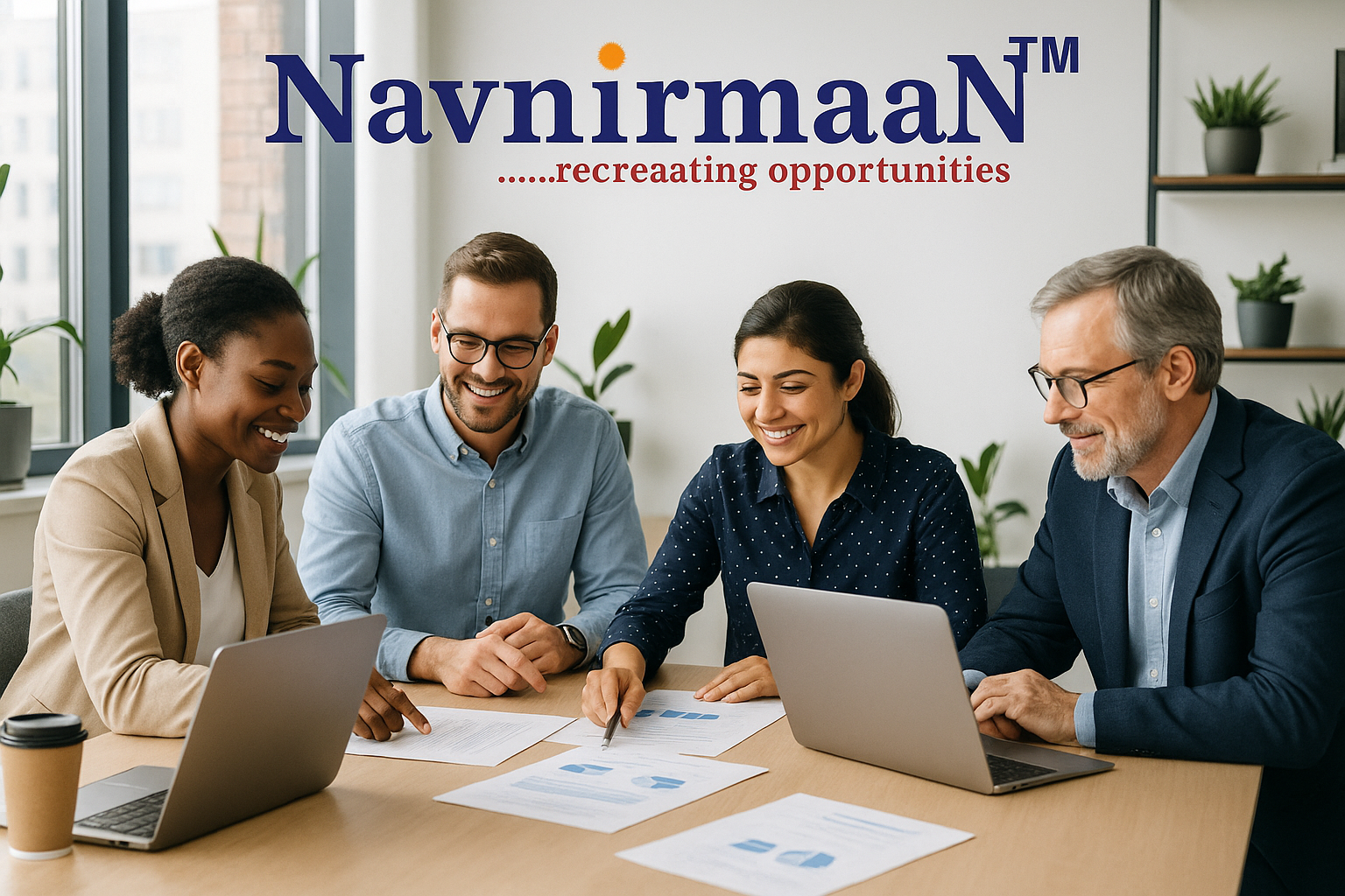 Professional diverse team working in modern office environment