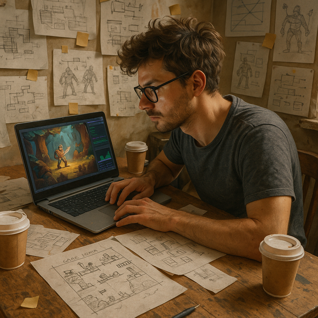 Desarrollador indie en pleno proceso creativo de videojuego