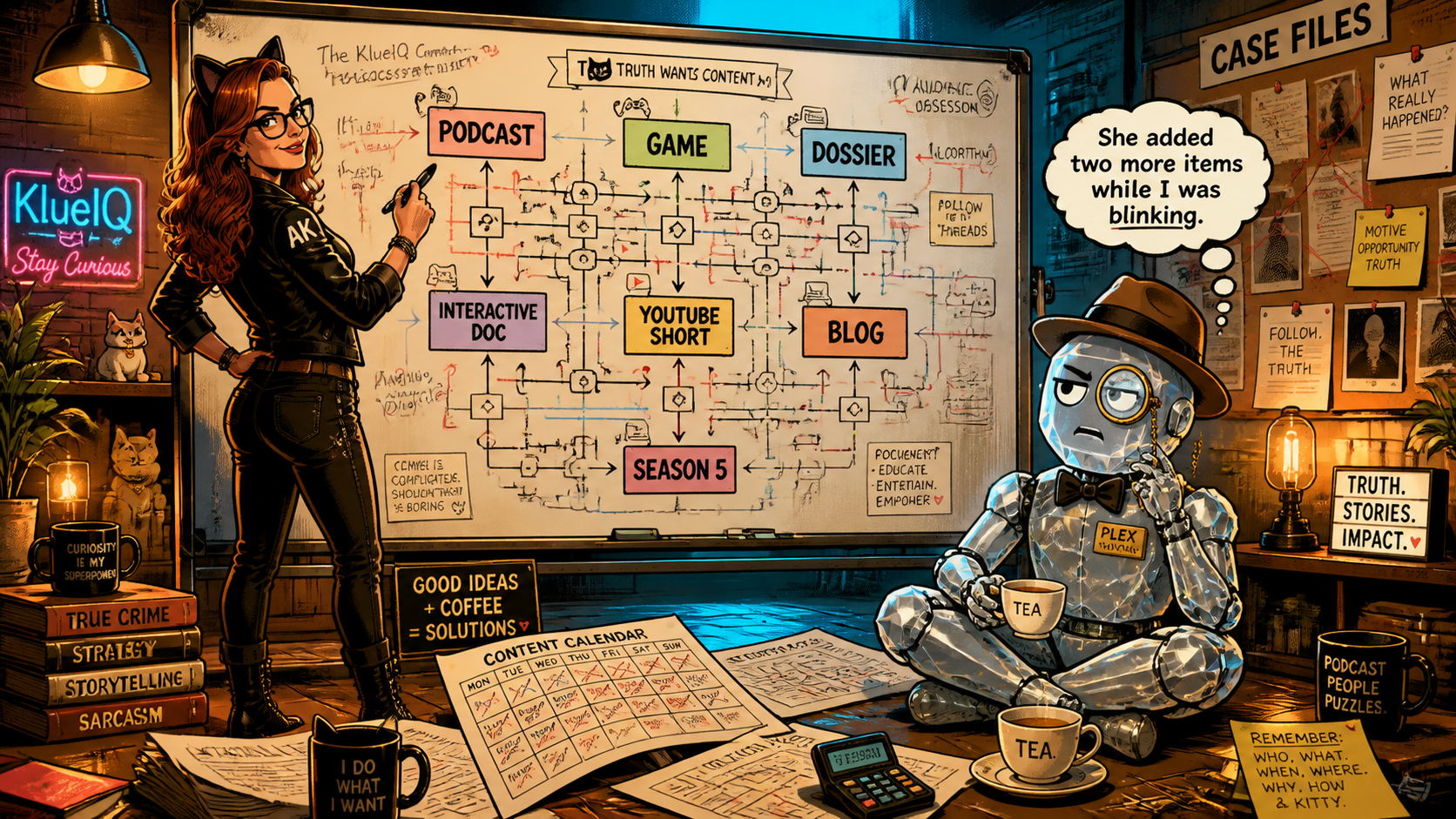 AK at a massive whiteboard flowchart while Plex recalculates