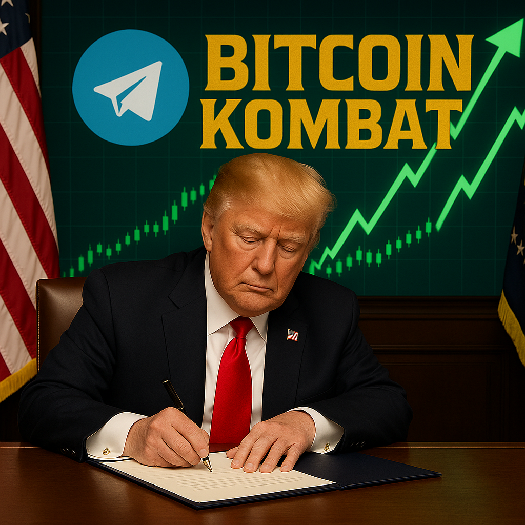 Трамп подписывает указ с криптографиками, логотипом Telegram и Bitcoin Kombat