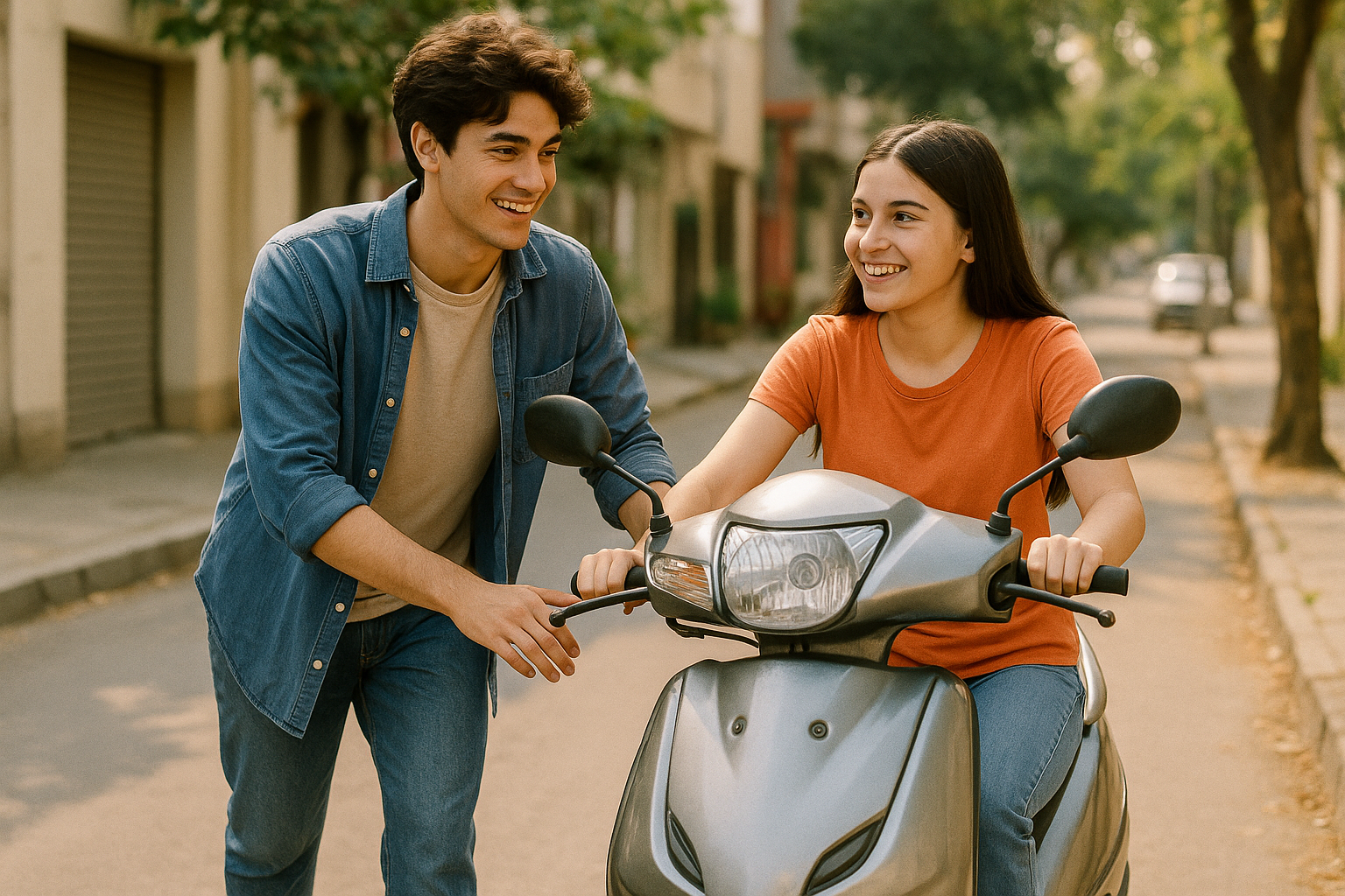 Helping a stranger by pushing her scooter to safety
