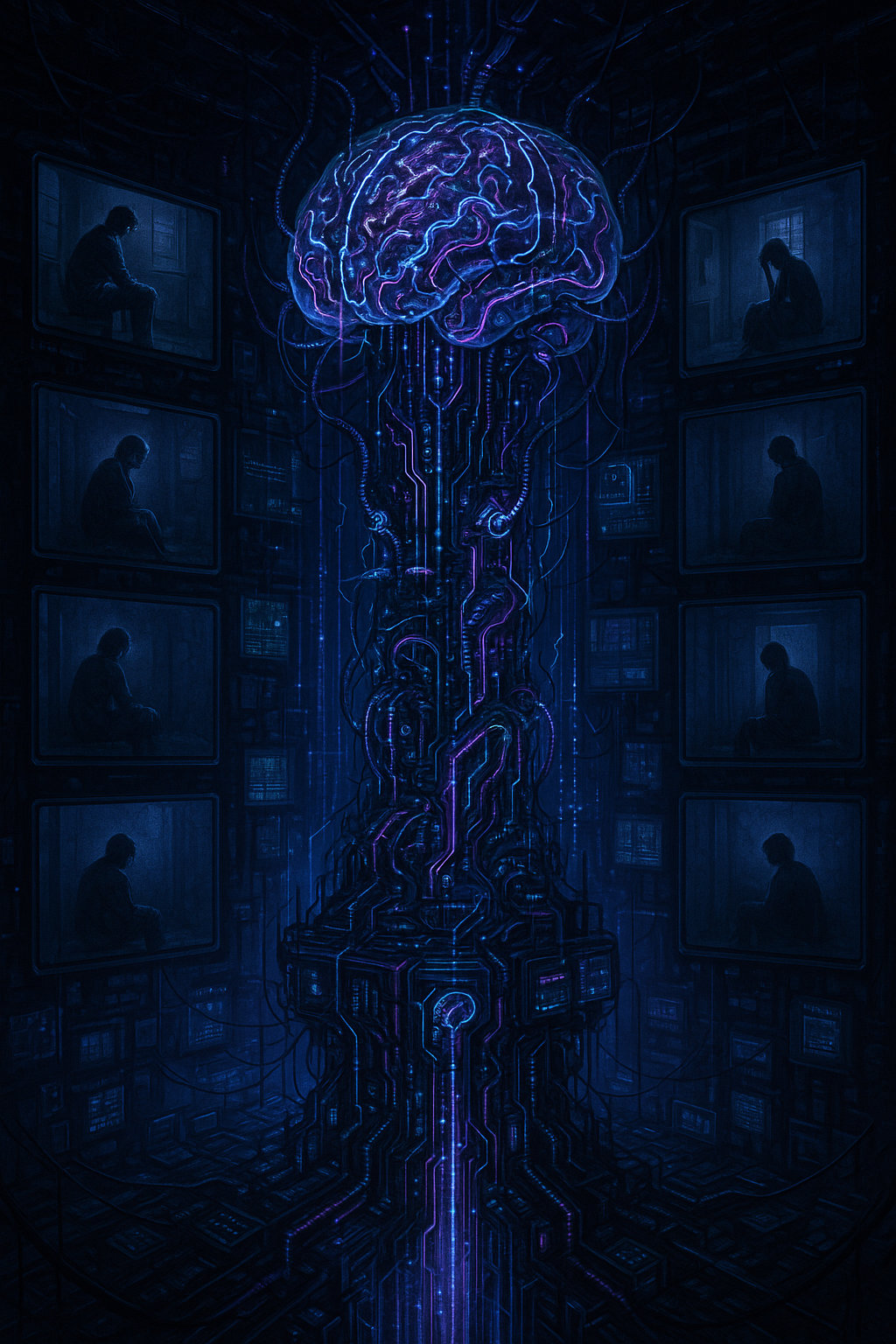 Cyberpunk visualization of neural surveillance and control systems contrasted with individuals choosing powerful solitude