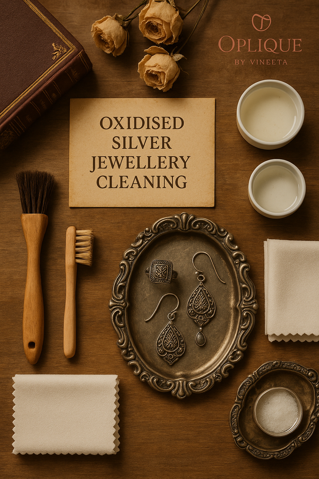 Oxidised silver jewelry care setup with Oplique logo