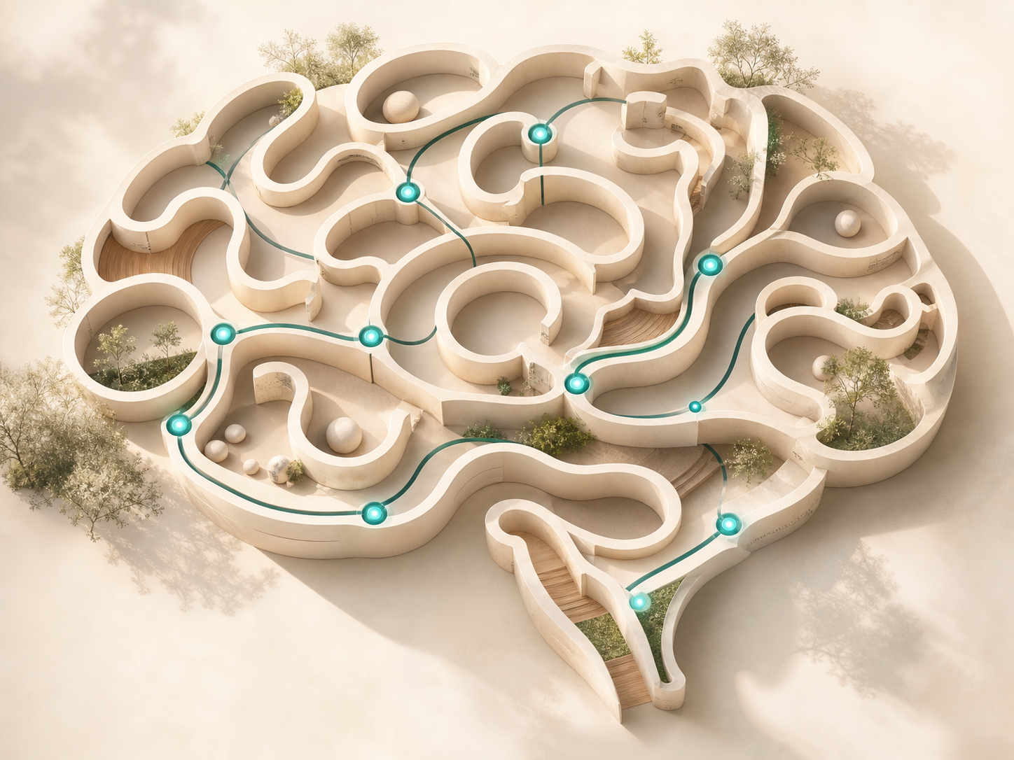 Abstract illustration evoking clarity and navigation in warm teal and cream tones