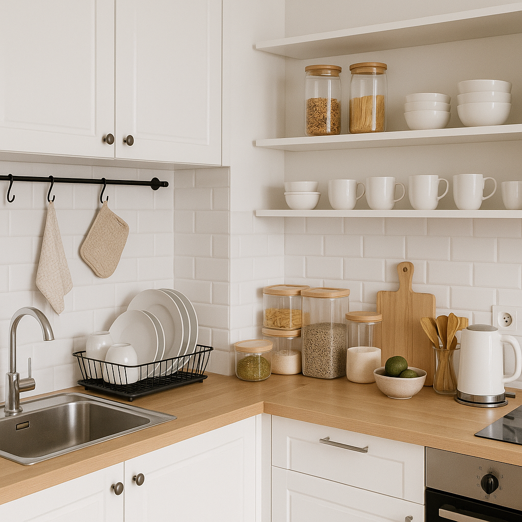 Cocina organizada con encimeras limpias y contenedores