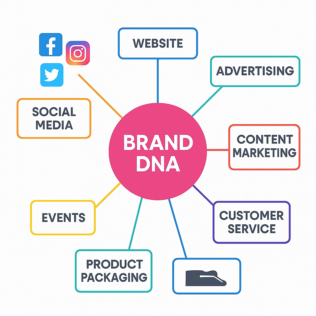 Brand DNA ecosystem diagram showing core identity across platforms