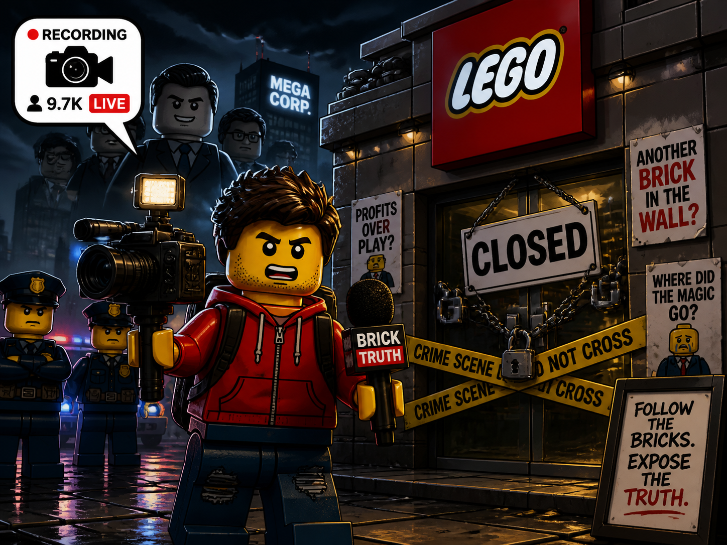 LEGO-style illustration of the Reckless Ben minifigure as investigative journalist outside the store
