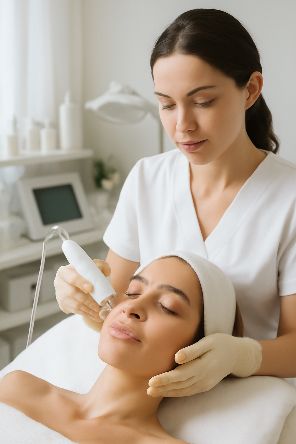 Realistic depiction of microneedling RF skin lifting in a modern beauty clinic.