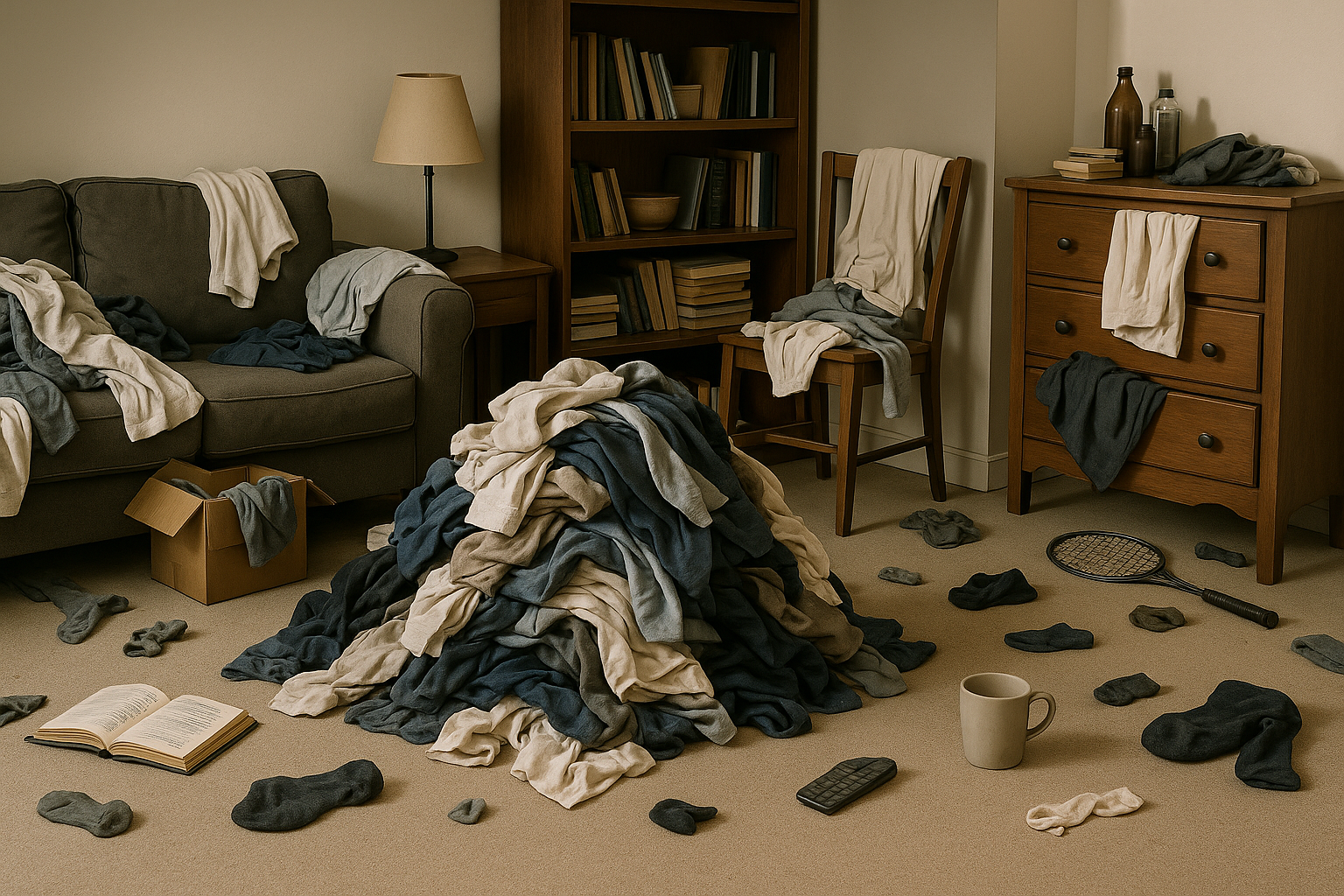 Hyperrealistic image of a cluttered, chaotic living room