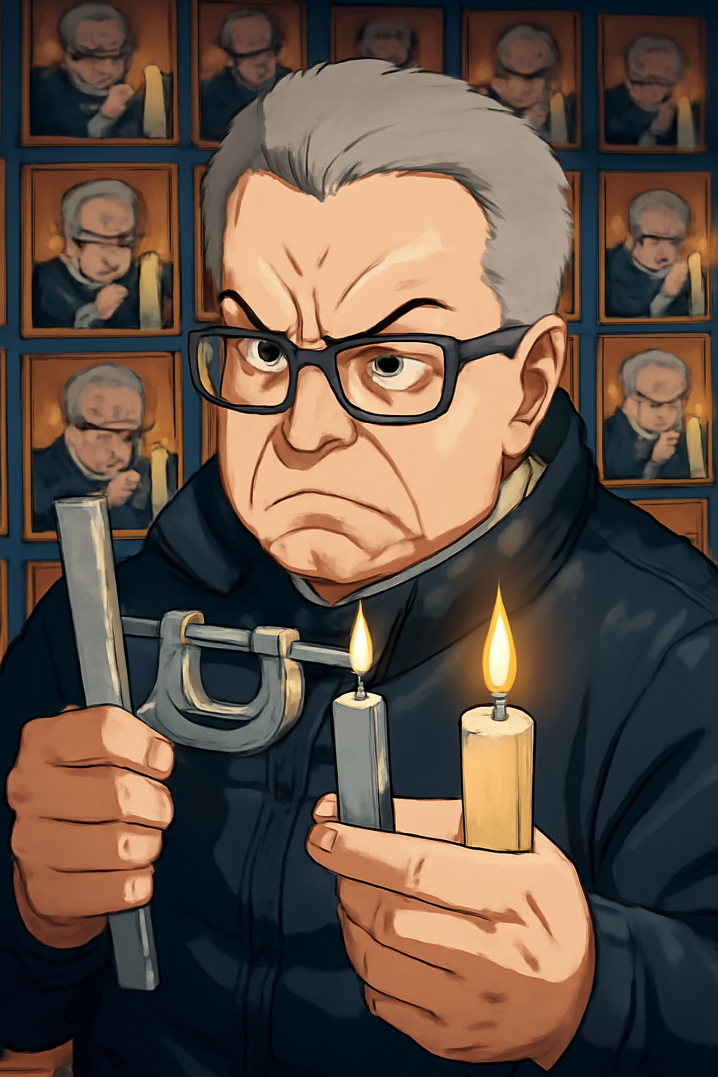 Anime detailed aesthetic of Sergey inspecting candles with a tense and perfectionist expression