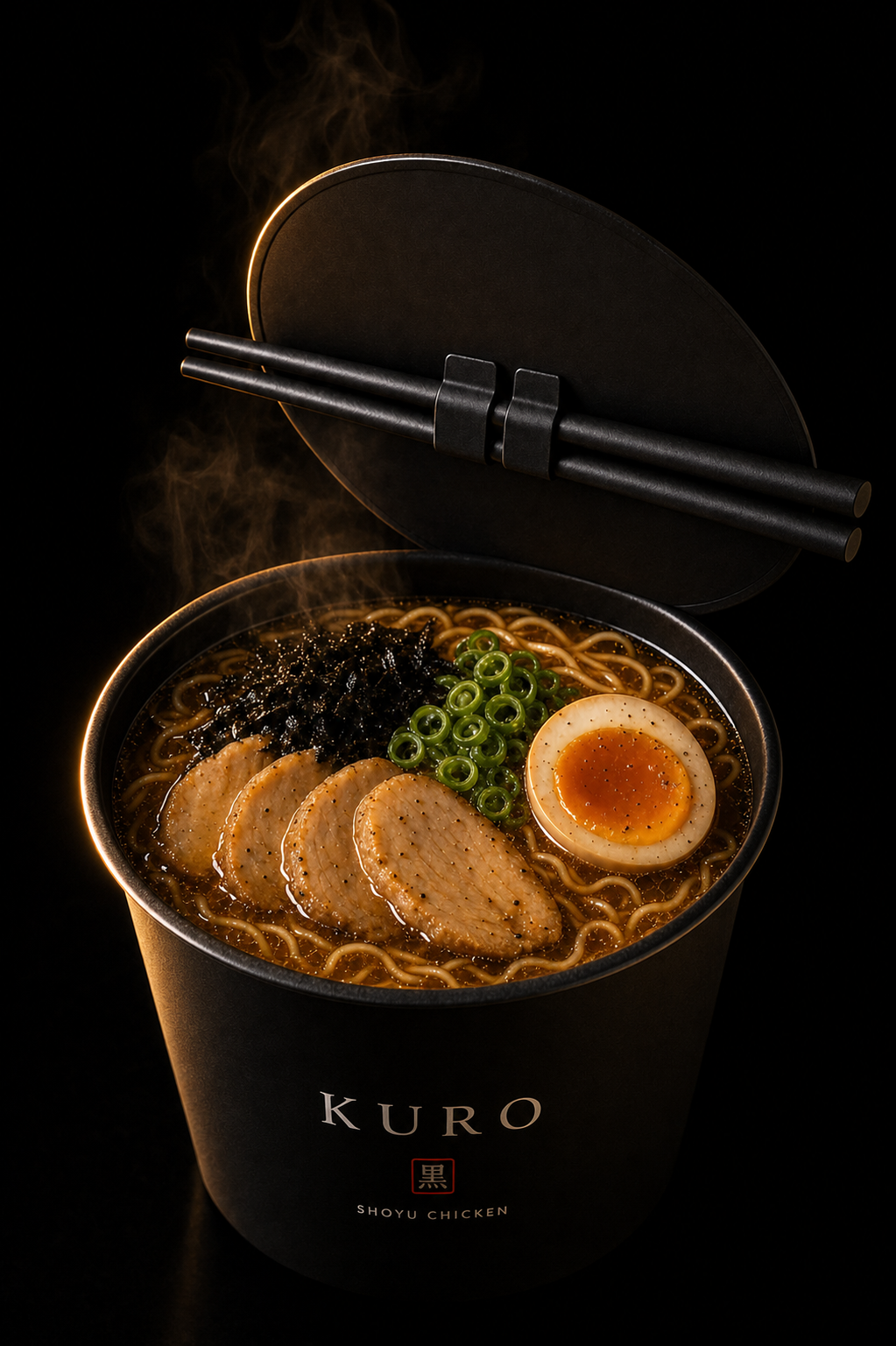 Kuro Shoyu Chicken black cup open with matte black chopsticks