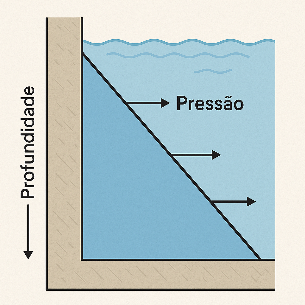 Diagrama de pressão hidrostática triangular em paredes de caixas d'água e piscinas