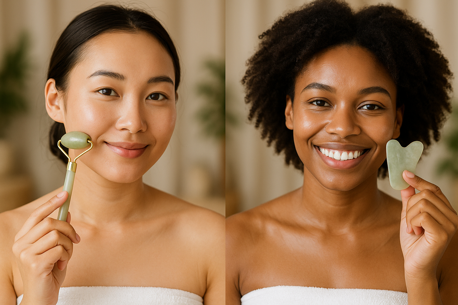 Women using facial massage tools like jade rollers and gua sha for radiant skin