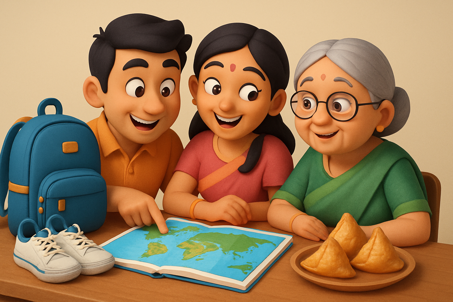 Marriage debate: couple and Nani with travel dreams and samosas