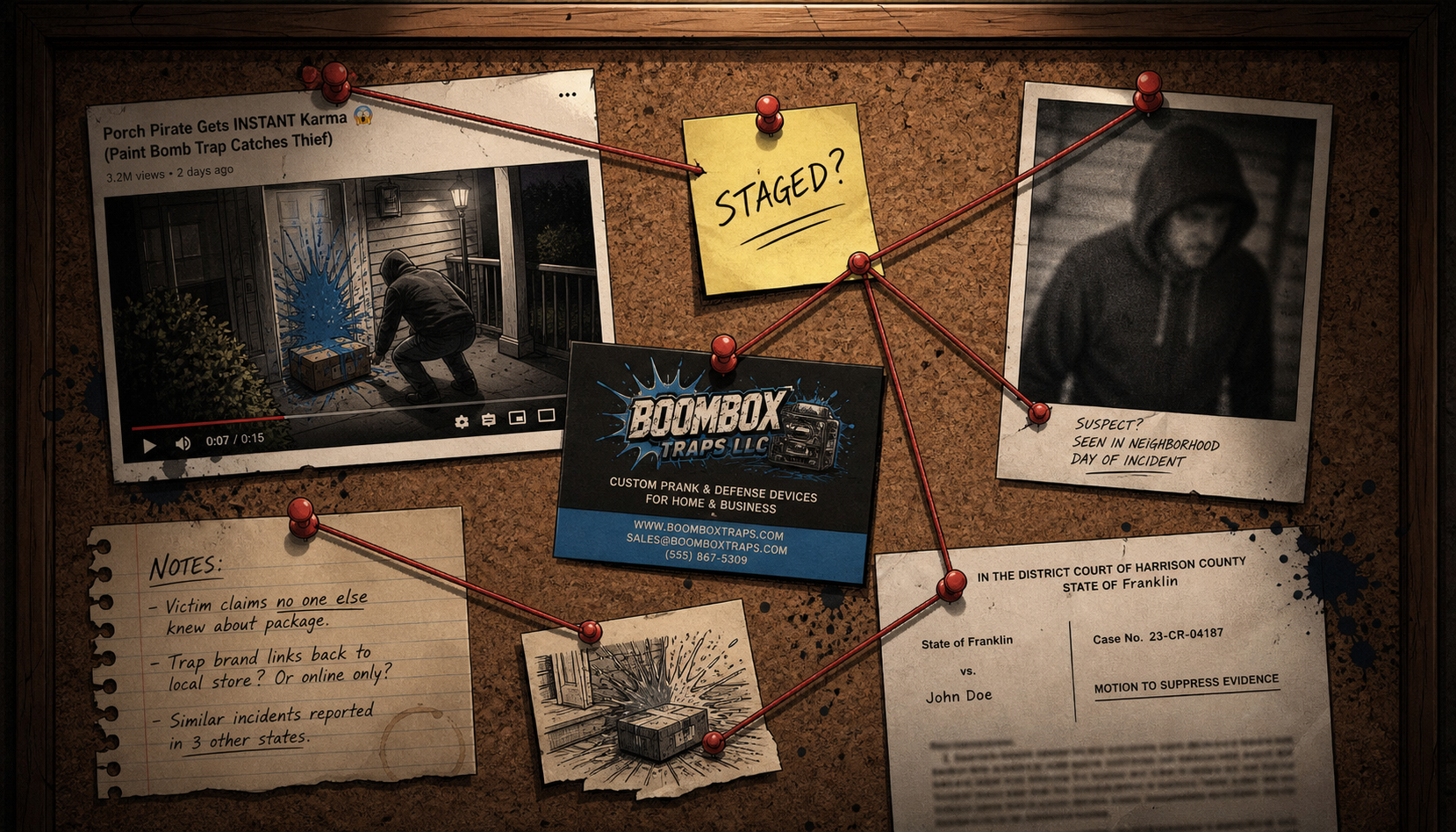 Evidence board: viral porch pirate paint bomb video screenshot, sticky notes, a blurry photo, BoomBox Traps LLC business card, red string connecting clues
