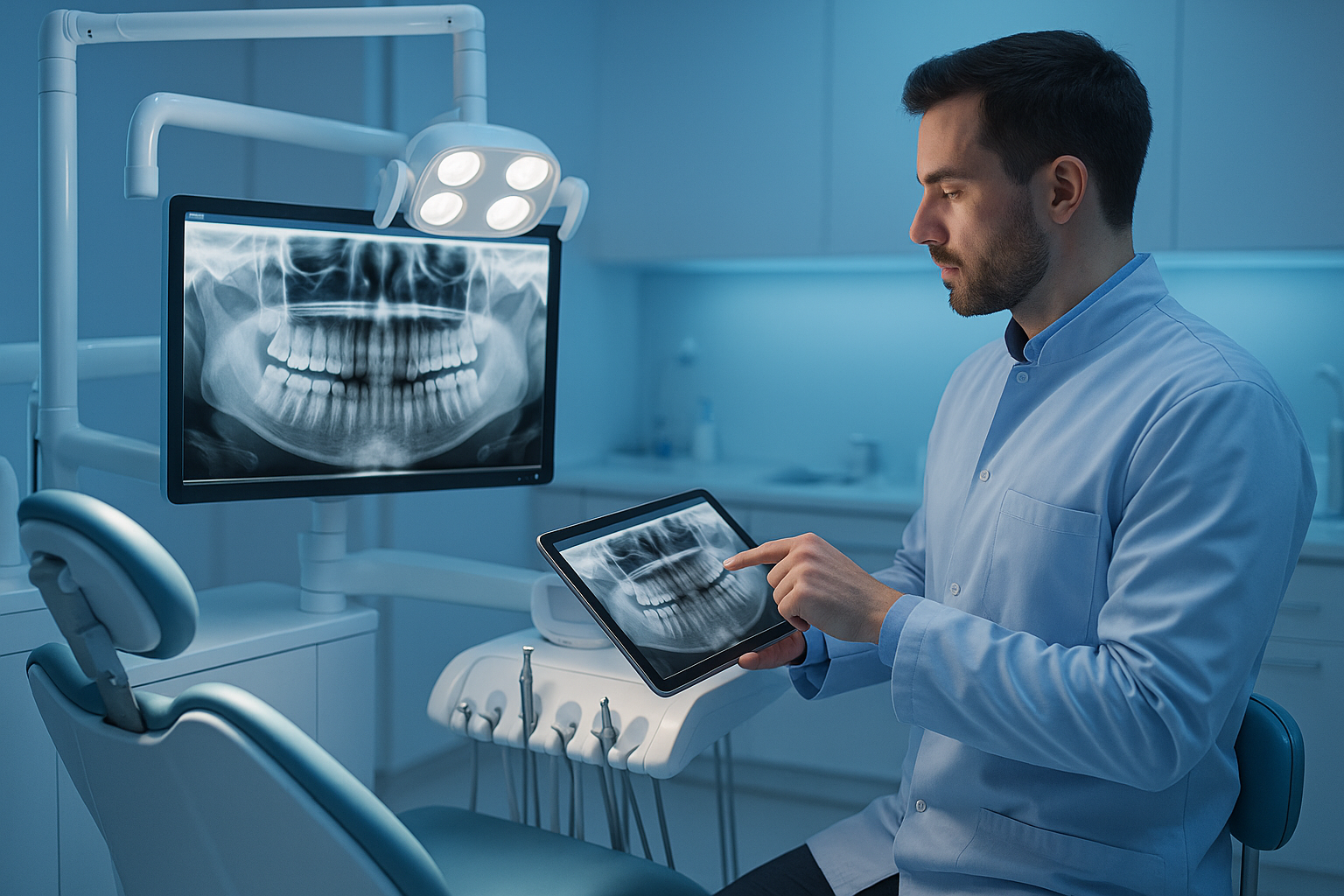Consultório odontológico moderno com tecnologia de inteligência artificial
