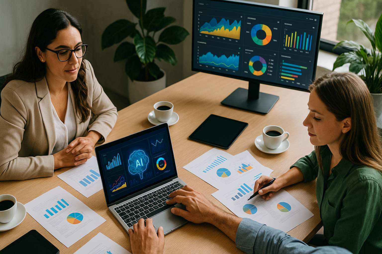 Equipe de gestão analisando dados e métricas com inteligência artificial em reunião estratégica
