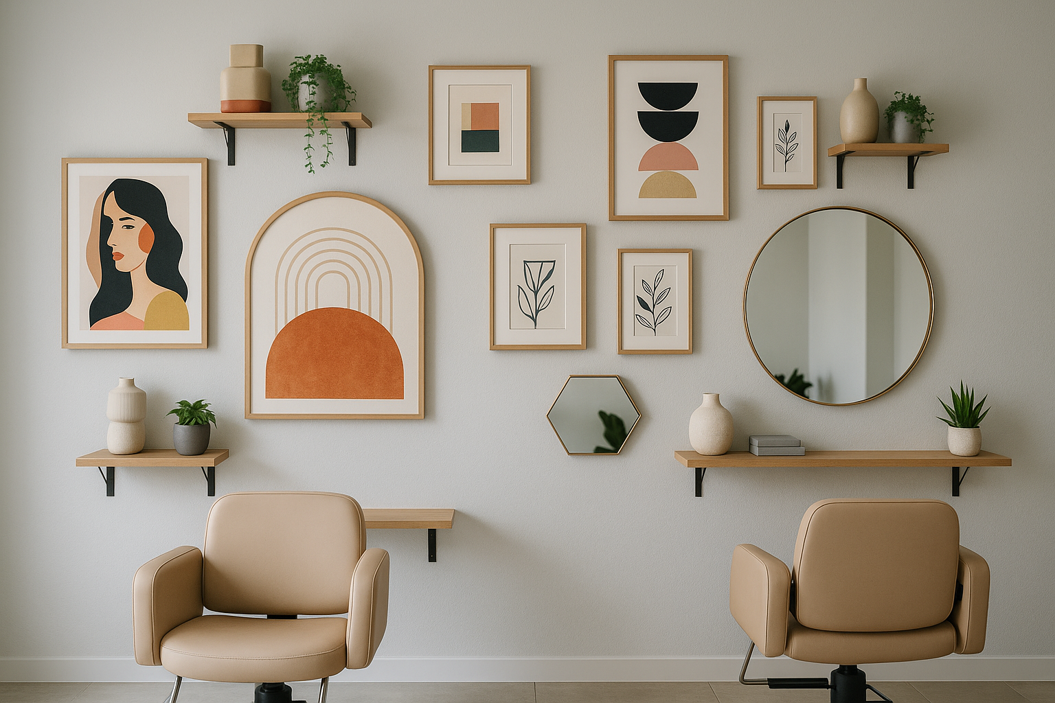 Salón con decoración combinada de cuadros, espejos y estanterías