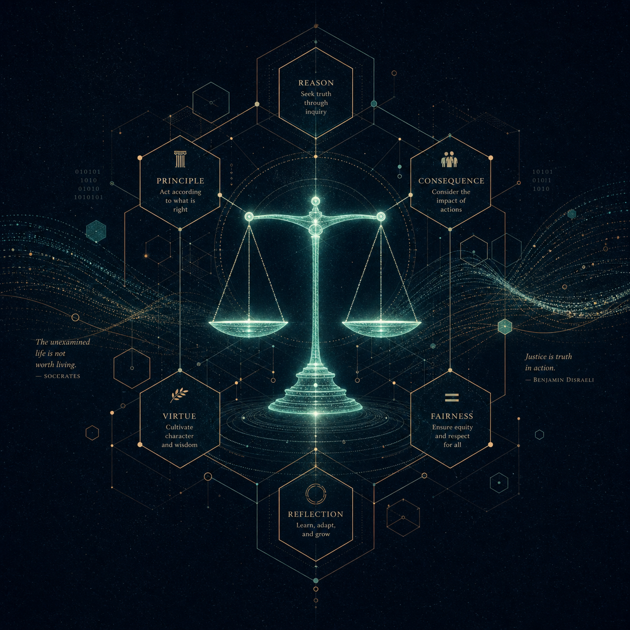 Abstract glowing ethical balance scale illustration representing structured moral reasoning