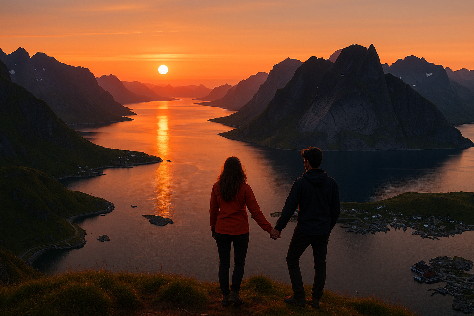 Romantic adventure setting in the Lofoten Islands under the midnight sun