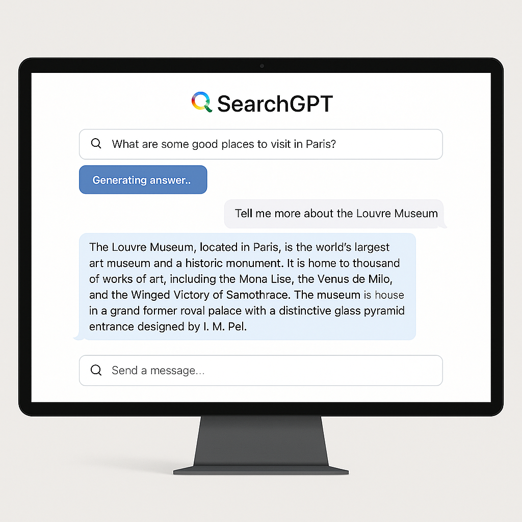 SearchGPT interface showing a clean, conversational search experience